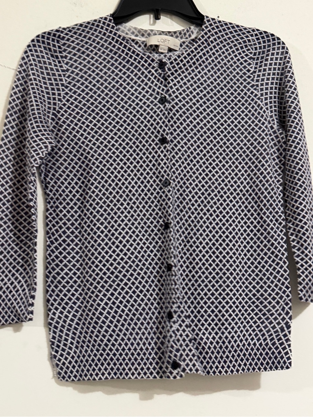 LOFT Navy & White Geometric Button Cardigan